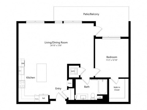 Floor plan for 1 bed, 1 bath, 959 sqft